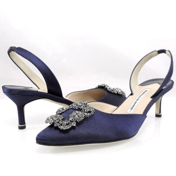 NEW$1295 Manolo Blahnik Hangisli 50 Satin Jewel Buckle Slingback Pump Low Heel 7 - Picture 7 of 16